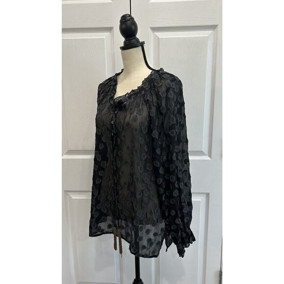 ARATTA Silent Journey Black Gray Sheer Chiffon Top Gold Beaded Tassel Top Medium - Picture 4 of 7